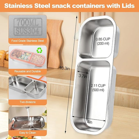 zenjarigily Stainless Steel Snack Containers with Lids, Double Compartment Leakproof Reusable Snack Box for Nuts, Fruits- Divided Grab & Go Container for School, Office, Travel