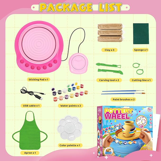 Weilim Pottery Wheel for Kids Complete DIY Pottery Painting Kit for Ages 8-12 Beginners with 4 Air-Dry Clay Packs and Tools, Arts Supplies Toys Birthday Gift for Boys Girls 6+ Years Old (Pink)