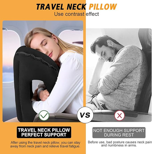 Inflatable Travel Pillow,Multifunction Travel Neck Pillow for Airplane to Avoid Neck and Shoulder Pain,Support Head,Neck,Used for Sleeping Rest, Airplane and Home Use,with Eye Mask, Earplugs, Black