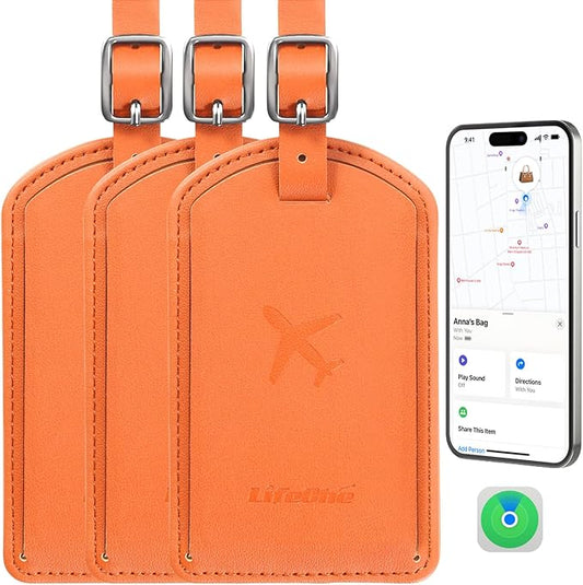 Luggage Tags Built-in Anti-Loss Tracker, Luxury Leather Luggage Tags for Suitcase, Travel Bags, Backpacks, Travel Organizer for Lost Baggage Prevention (Orange*3 Pack)