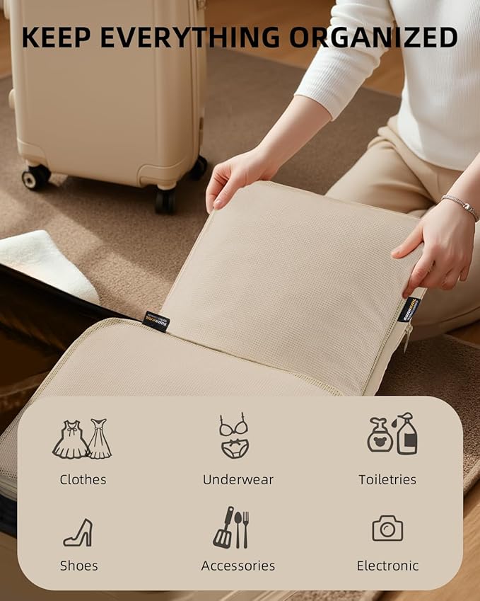 6 Set Compression Packing Cubes for Travel, Large Medium Small Luggage Organizers, Storage Bags for Clothes (6 Pack, Classic Khaki)