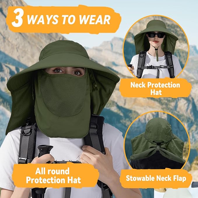 Sun Hats for Men Women Detachable Face Cover Wide Brim Fishing Hats with Neck Flap UPF 50+ Outdoor Safari Hats