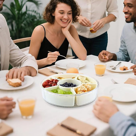 Divided Serving Tray with Lid and Handle，Rotating Snackle Box Container Candy Organizer, Portable Spinning Veggie Tray for Kitchen, Party, Trave and Picnic，Clear Lazy Susan Organizer (white)