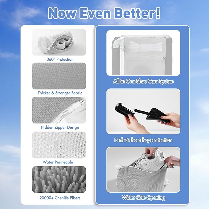 Shoe Washing Machine Bag for Washer and Dryer - Reusable Lint-free, Large Laundry Shoe Bag for Sneakers Tennis Home Washing Kit, Includes Shoe Trees to Prevent Deformation, Grey 2pcs