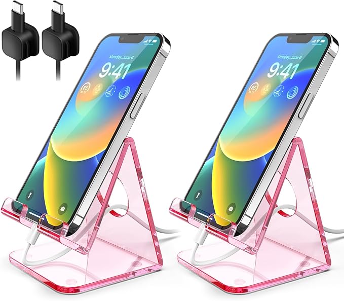 TOPGO 2 Pack Acrylic Phone Stand, Pink Phone Holder for Office Desk, Vanity, Kitchen Counter, Bedside Table, Compatible with iPhone 17 16 15 14 13 12 Pro Max Plus/Smartphones/iPad/Switch/Kindle - Pink
