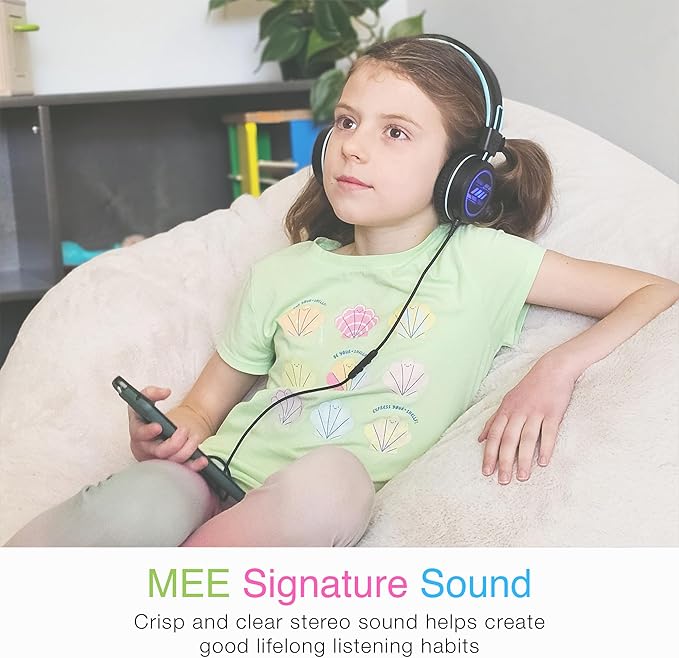 MEE audio KidJamz KJ55 Safe Listening USB-C Headphones for Children with Multicolor LED Lights, Volume Limiter, & Microphone; On-Ear Wired Kid Headset for iPhone 16, iPad, & USB Type C Devices (Black)