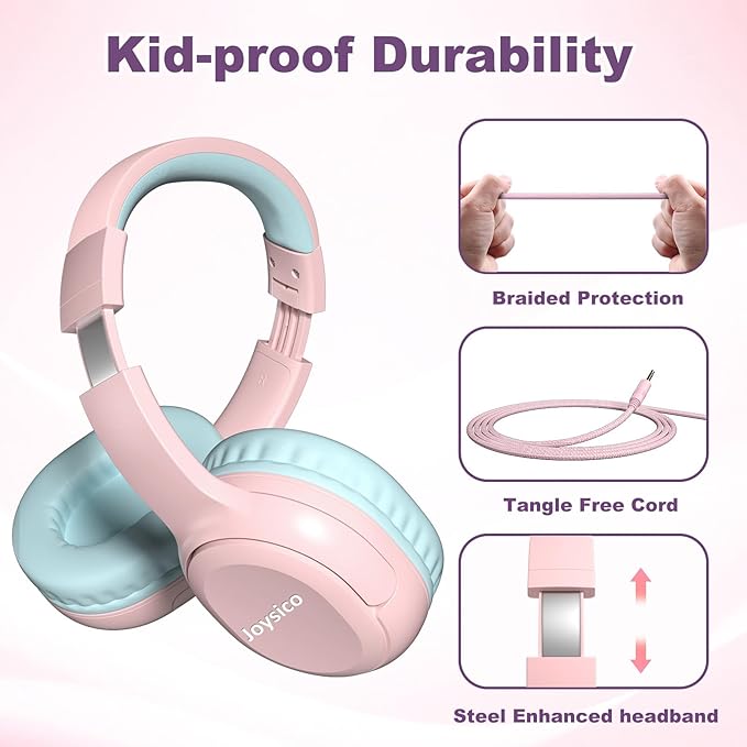 Kids Headphones with Cord & Mic for School Class Airplane Travel, 85/94dB Volume Limit Over Ear Earphones for Boys Girls Teens, Wired Foldable Headset for iPad Tablet Kindle Laptop PC Pink