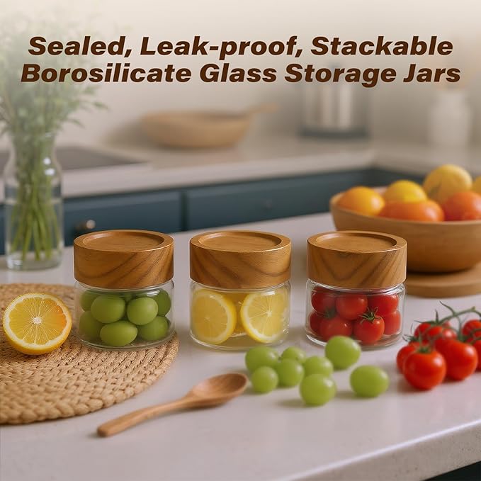 Zoaiirte 6-Pack 4 oz Stackable Airtight Glass Canisters with Acacia Lids - Small Mason Jars for Overnight Oats, Spice Storage, Herb Keepers, Pantry Organization and Dry Food Storage