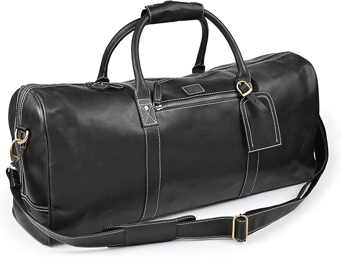 Leather Village Premium Leather Duffel Bags for Men & Women-Stylish Travel Weekender Carry-On Sports Gym Overnight Luggage Bag - 24 Inch - Black