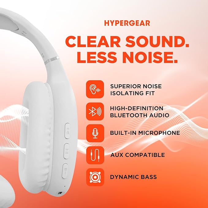 HyperGear Wireless Headphones Bluetooth White- Noise Isolation Headphones Wireless Over The Ear Head Phones, Gym Headset Built-in Mic Controls Square Foam Cups Foldable Headphone for Women and Men