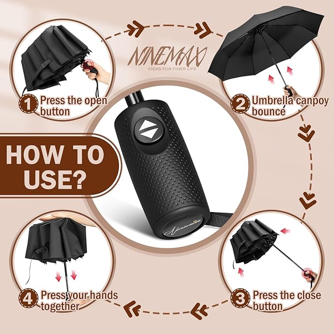NINEMAX Travel Folding Umbrella Windproof for Men Women, Portable Compact Umbrellas Automatic Open and Close for Rain