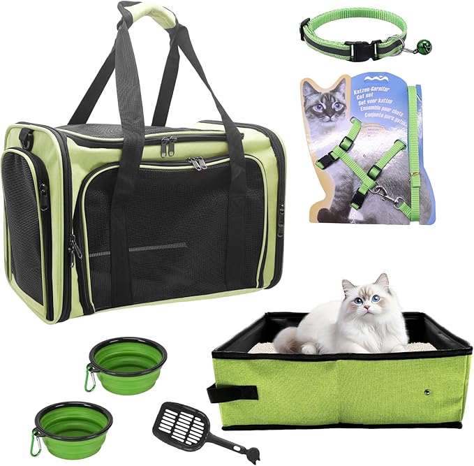 Cat Carrier Soft-Sided & Folding Travel Litter Box for Cats, Fit 20Lbs Pets, 17.7' * 11.8 * 11.8 inches Cat Bag for Traveling & Camping, Indoor & Outdoor, Cat Travel Carrier Kit - Green