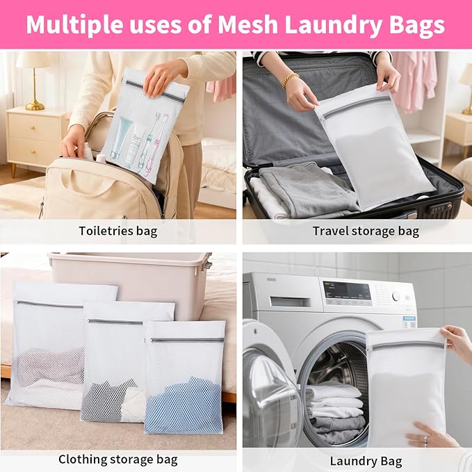 Laundry Bag Backpack with 3 Sizes Mesh Wash Bags and Shoulder Straps Foldable Clothes Hamper Bag with Drawstring Closure for College, Apartment, Laundromat (Pink)