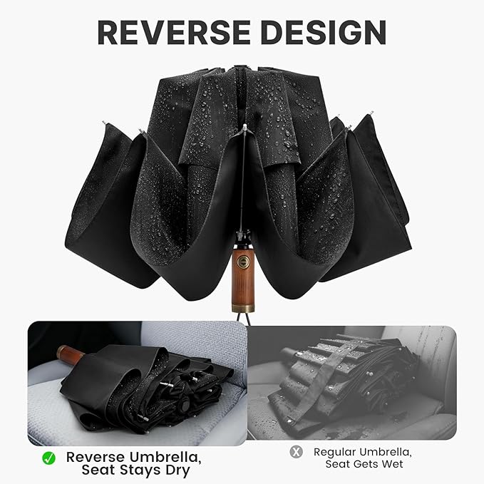 G4Free 54 Inch Inverted Windproof Umbrella with Wooden Handle, Large Double Canopy Auto Open & Close Golf Umbrella, Portable & Durable Rain Umbrella, Fits Car & Backpack