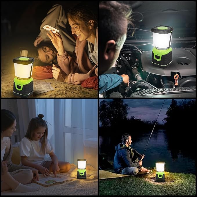 1000LM Battery Powered LED Camping Lantern, 4 Light Modes, IPX4 Waterproof, Dimmable Emergency Flashlight with Battery Indicator for Outdoor Camping, Hiking, Carabiner Clip Included