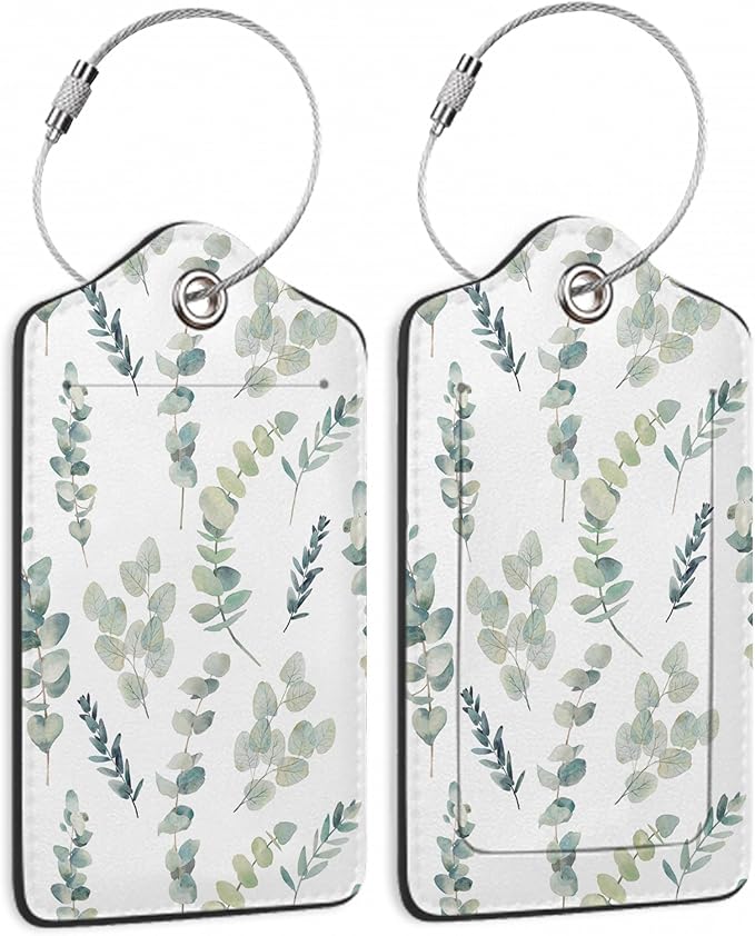 Luggage Tags Set of 2 Eucalyptus Leaves Watercolor Leather Suitcase Tags with Stainless Steel Loop and Privacy Cover for Women Men Travel Luggage Accessories