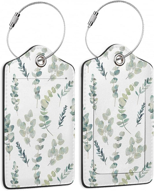 Luggage Tags Set of 2 Eucalyptus Leaves Watercolor Leather Suitcase Tags with Stainless Steel Loop and Privacy Cover for Women Men Travel Luggage Accessories
