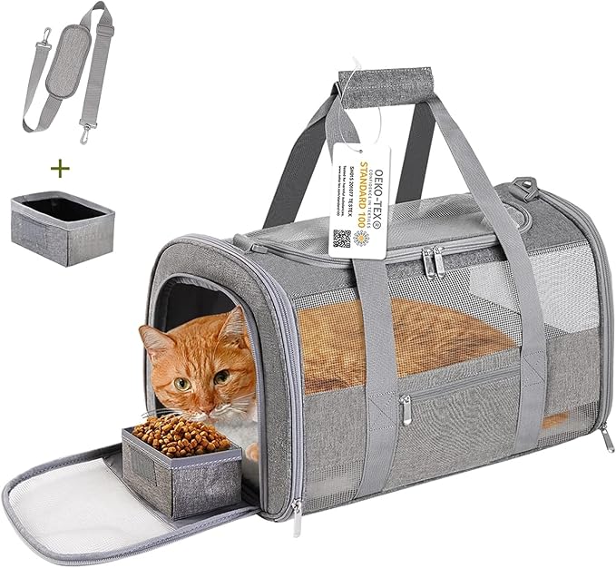 Soft - Sided Pet Carrier for Cats and Small Dogs, Airline - Approved, Grey Travel Tote with Mesh Windows, Foldable Bowl, Shoulder Strap, Oeko - TEX Certified
