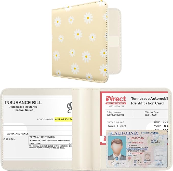 CoBak Car Registration and Insurance Holder - Small and Lightweight Vehicle Glove Box Car Organizer, Auto Truck Comparment Accessories Case for Essential Document, Driver License (Daisy)