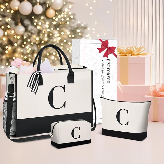 BAGAIL Initial Tote Bag, Personalized Birthday Gifts for Women, Teacher, Friends, Mom, Wedding, Monogrammed Beach Bag