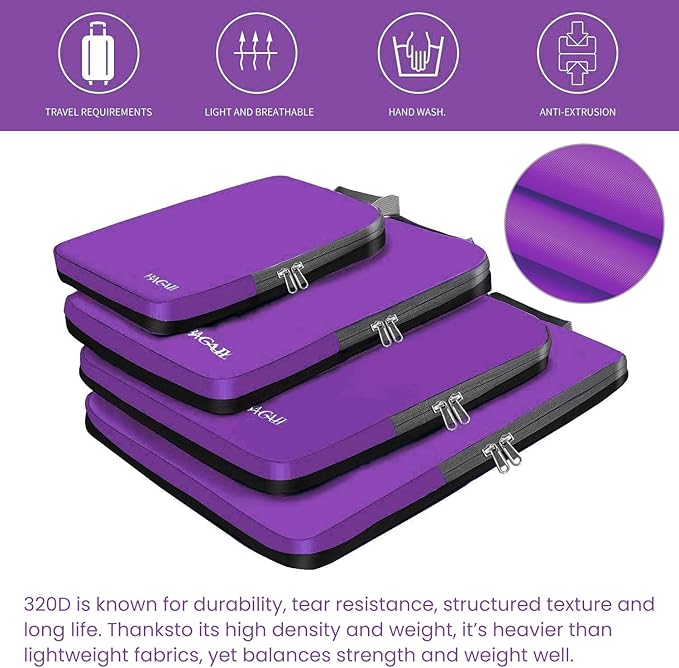 BAGAIL 4 Set/6 Set/8 Set Compression Packing Cubes Travel Accessories Expandable Packing Organizers (Cloth Pattern, 4-Purple)