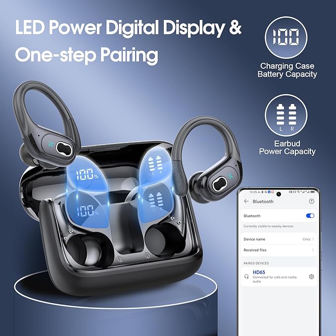 Wireless Earbuds 75hrs Bluetooth 5.4 Headphone Sport, 2025 Bluetooth Earbuds Stereo Deep Bass Over Ear Bud with Earhooks, ENC Noise Cancelling Mic, IPX7 Waterproof Earphone for Workout/Running