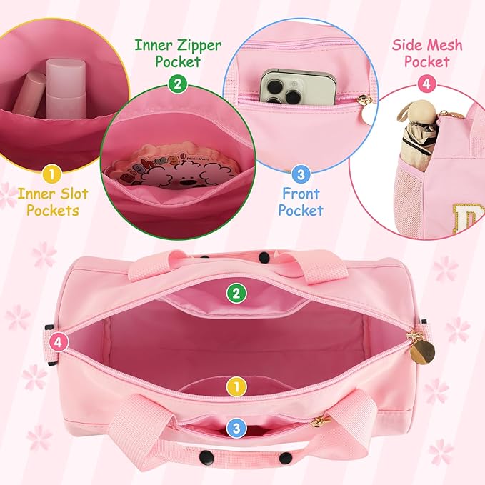 Personalized Dance Duffel Bags for Girls, Cute Colorful Chenille Letter Dance Ballet Workout Bag Gifts for Teen Girls, Waterproof Toddler Travel Weekender Duffel Bag with Adjustable Straps(Pink)