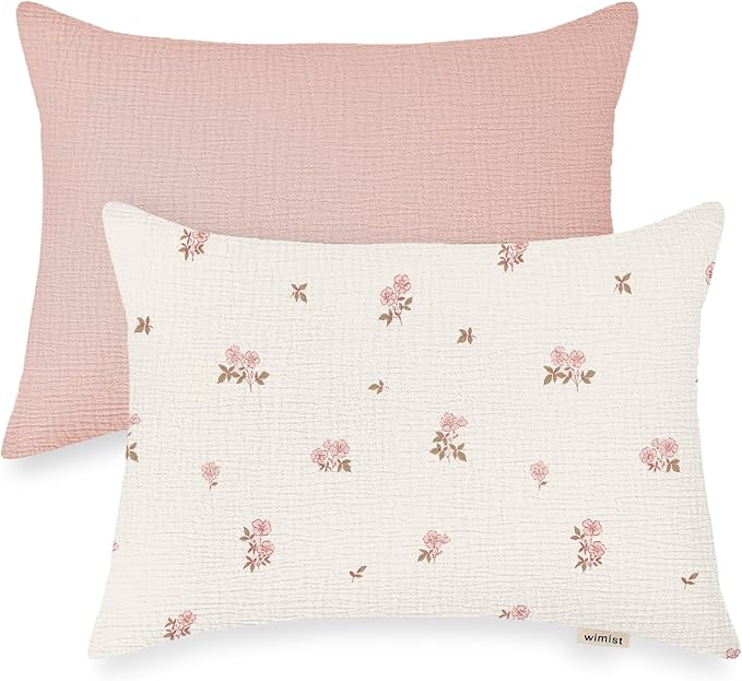 Toddler Pillowcases for 13"x18" Pillow 2 Pack, Muslin Small Toddler Baby Kids Travel Pillow Covers for Boys Girls with Envelope Closure (Flower G & Pink, 13 x 18 Inch)