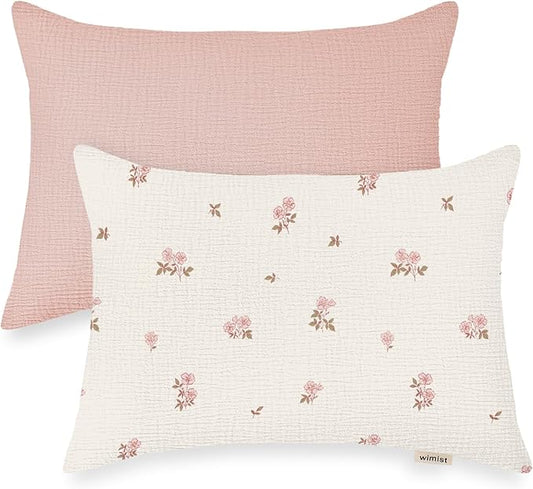 Toddler Pillowcases for 13"x18" Pillow 2 Pack, Muslin Small Toddler Baby Kids Travel Pillow Covers for Boys Girls with Envelope Closure (Flower G & Pink, 13 x 18 Inch)