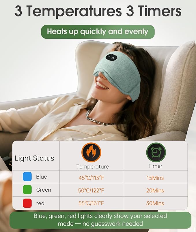 Detachable Heated Eye Mask, Cordless Eye Mask for Dry Eyes & Puffiness, Algae Fiber Ultra-Soft Nose Bridge Light-Block for Deeper Sleep – Graphene Layer Warm Compress & Cold Pack,Travel Essentials