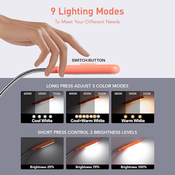 VAVOFO Rechargeable Book Light for Reading in Bed Kids, 7 LED Reading Light with 9-Level Warm Cool White Daylight, Eye Care Lamp with Power Indicator for Bookworms (Orange)