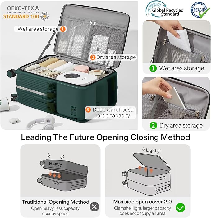 mixi Carry On Luggage with Cup Phone Holder and Charger Hard Shell Suitcases with Spinner Wheels,20 Inch Blackish Green