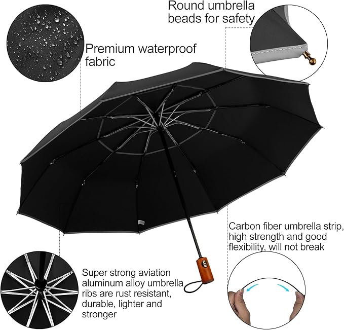 Satol Extra Large Golf Umbrella, 46/54/62 Inch Windproof 10 Ribs Vented Double Canopy Reflective Strips Automatic Open/Close Waterproof UV Protection Portable Compact Umbrella for Outdoor & Travel