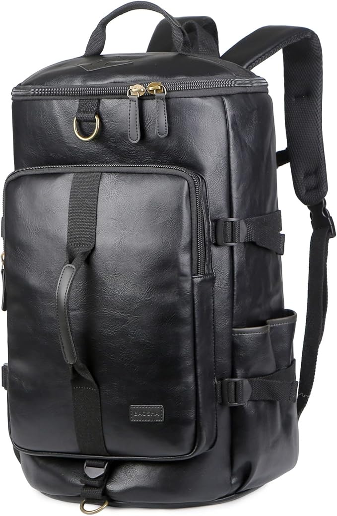 Baosha Stylish Vegan Leather Men Weekender Travel Duffel Tote Bag Backpack Hybrid Travel Hiking Rucksack Overnight Bag Convertible HB-26 (Black)