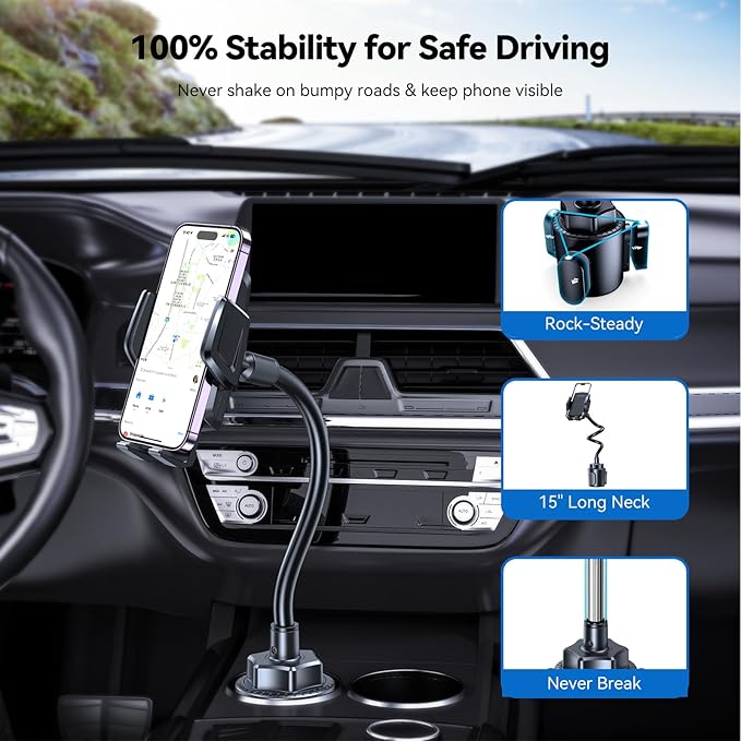 TECKNET Cup Phone Holder for Car - Adjustable Gooseneck Cup Holder Cradle Car Mount with Air Vent Holders & Expandable Base, Cell Phone Holders for iPhone 17/16 Pro Max and All Cell Phones, Cars model