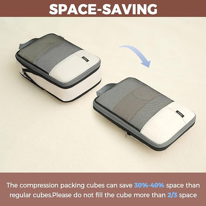 BAGAIL 4 Set/6 Set/8 Set Compression Packing Cubes Travel Accessories Expandable Packing Organizers (Half Mesh, 8-Beige)