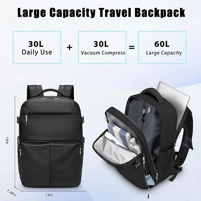 Vacuum Seal Backpack Travel With Pump,60LWater Resistant Business backpack with Waterproof zipper, TSA Friendly,Independent Shoe Compartment - Vacuum Pump Included Carry On Backpacks For Women Men