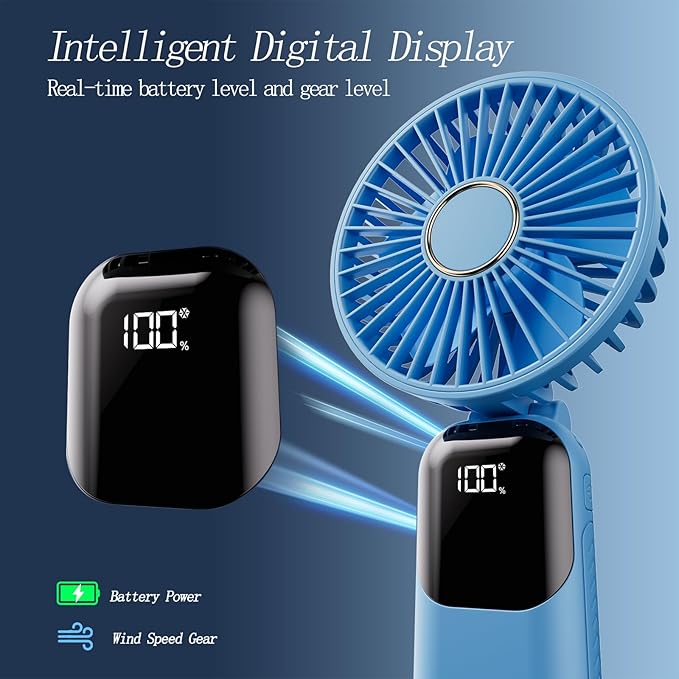Portable Fan, 4200mAh Battery Operated Fan, 5 Speeds&Digital Display, Makeup Fans for Women with Base, 180°Foldable 3in1 Handheld/Neck/Desk Fan for Outdoor Indoor,Ultra Quiet (sky blue)