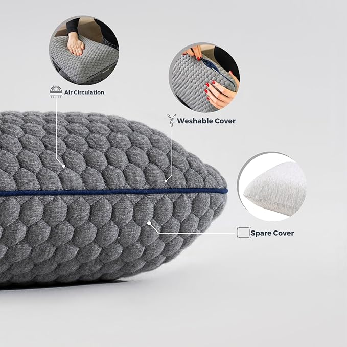 Memory Foam Travel Pillow with Washable Cover & Carry Bag – Compact, Soft & Breathable Neck Pillow for Airplane, Camping & Car (Gray- with Extra Gray Cotton Cover, 15.7x9.8x3.9 inches)