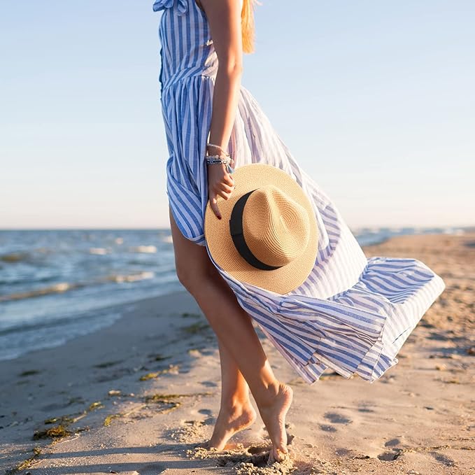 DRESHOW Women Straw Panama Hat Travel Fedora Beach Sun Hat Summer Wide Brim Straw Roll up Hat UPF 50+