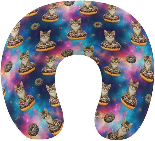 Comfortable Memory Foam Travel Neck Pillow Space Doughnut Donut Cats, Washable Removable Cover, Chin Head Support for Airplane Car Office Pain Relief Sleeping