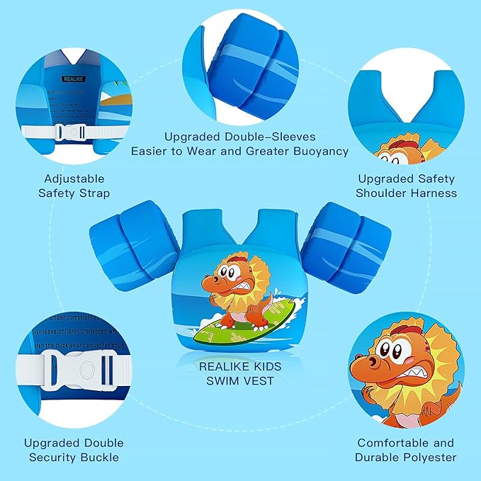 REALIKE Kids Swim Vest for Toddler Floaties Swimming Aids with Shoulder Harness Arm Wings for Children/Infant/Baby,Sea Beach/Pool/Lake, Suitable for 28-70lbs Boys/Girls