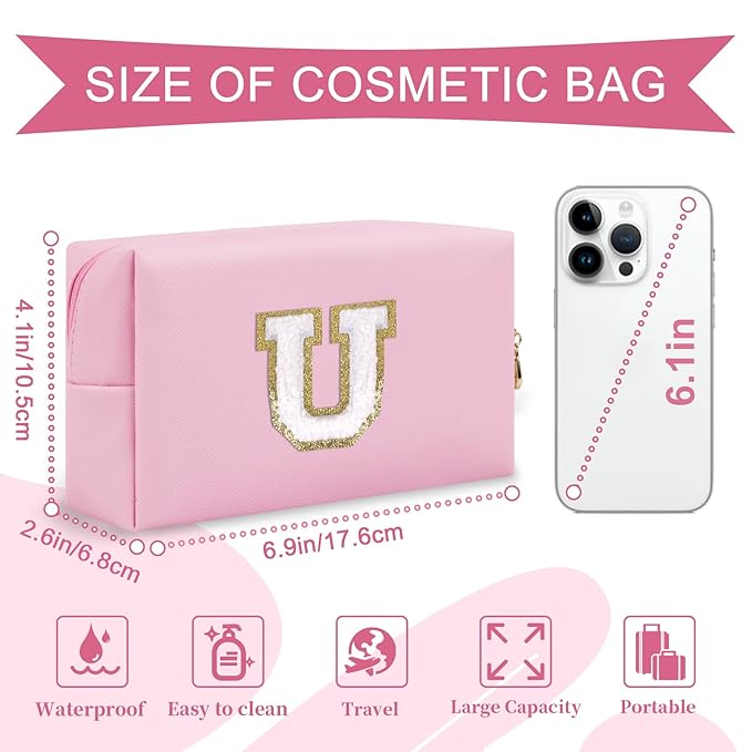 Personalized Initial A-Z Preppy Patch Makeup Bag,Small PU Chenille Letter Cosmetic Bag with Zipper for Teen Girls,Pink Cute Toiletry Organizer Bag,Monogram Makeup Case Gift for Women Girls,Letter U