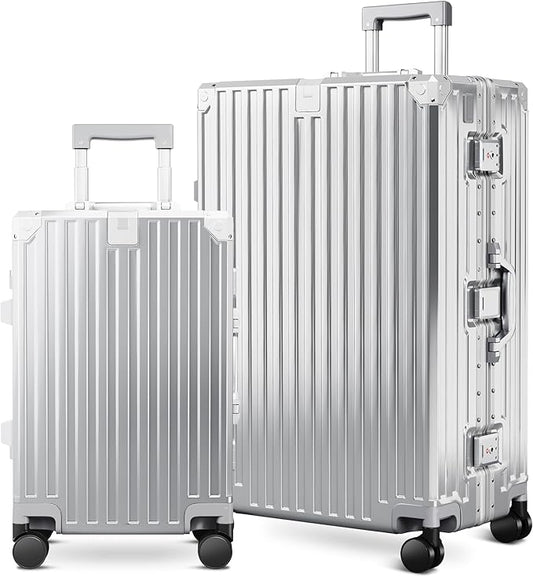 ALPHA CAMP 2 Piece Luggage Sets With Dual Layer Aluminum Frame, TSA Locks, 3-Layer PC 20" Carry-on 28" Checked Lightweight Hardside Zipperless Travel Suitcase Sets, Type-C USB Charging Port