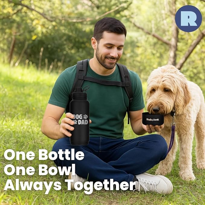 Dog Dad Water Bottle – 32 oz Stainless Steel Double Wall Insulated with 8 oz Detachable Bowl on Bottom – Cool Dog Dad Gifts for Men for Christmas, Birthdays or Gift from The Doggy – DD Black