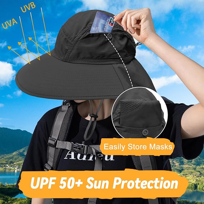 Sun Hats for Men Women Detachable Face Cover Wide Brim Fishing Hats with Neck Flap UPF 50+ Outdoor Safari Hats