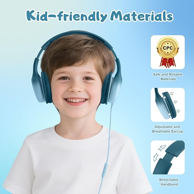 USB Type C Kids Headphones, Wired Headphones for Kids with Microphone 85/94dB Volume Limit, Stereo Sound Portable Over Ear Headphones for School/Travel/Tablet/iPad, Gradient Green