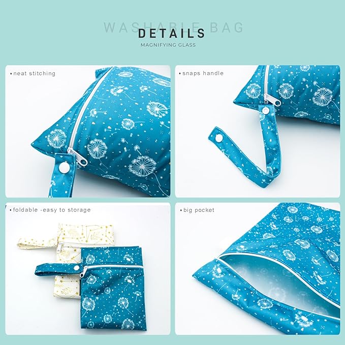 Wet Dry Bag Waterproof Reusable Wet Bag for Swimsuit, Travel, Beach, Pool, Bathing Suit, Diapers, Dirty Yoga Gym Clothes Daycare Organizer One Zippered Pocket (dandelion stars)