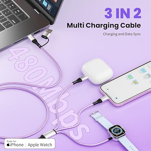 Travel Essentials, Travel Charger for iPhone 17 and Apple Watch for Multiple Devices, Charging and Data Sync, 3 in 2 USB A/USB C Multi Charger with 3 Ports Compatible for Apple Watch/iPhone 17-6, 5 FT