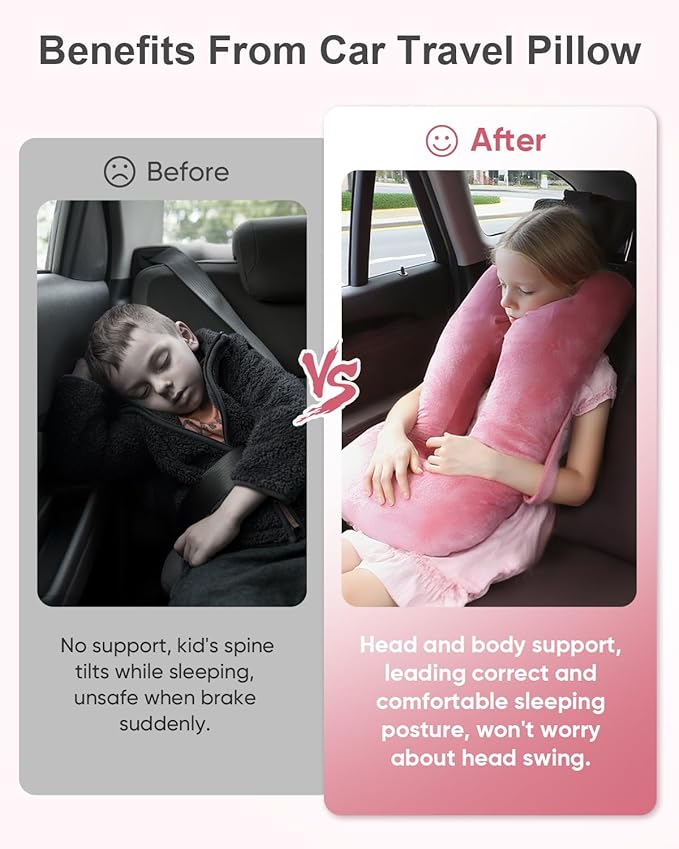 Car Travel Pillow for Kids Adults, Raised Padding Head and Neck Support Car Seat Sleeping Pillow for Toddlers, Portable U Shaped Body Pillow for Car Seat On Road Trip (Magenta)